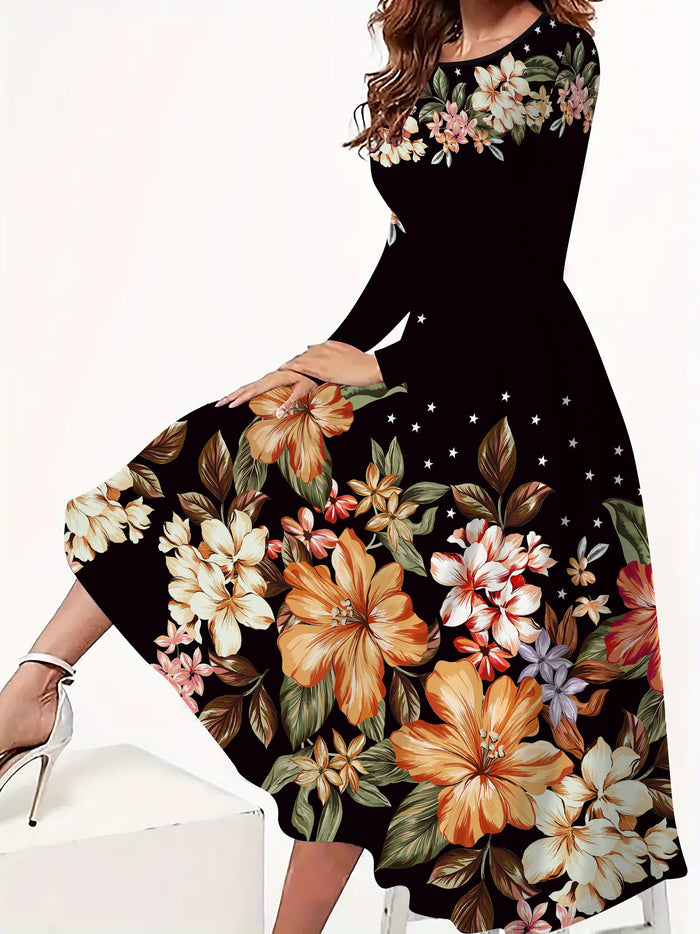 Floral Long Sleeve Fit & Flare Dress, Crew Neck & Stretch Fabric