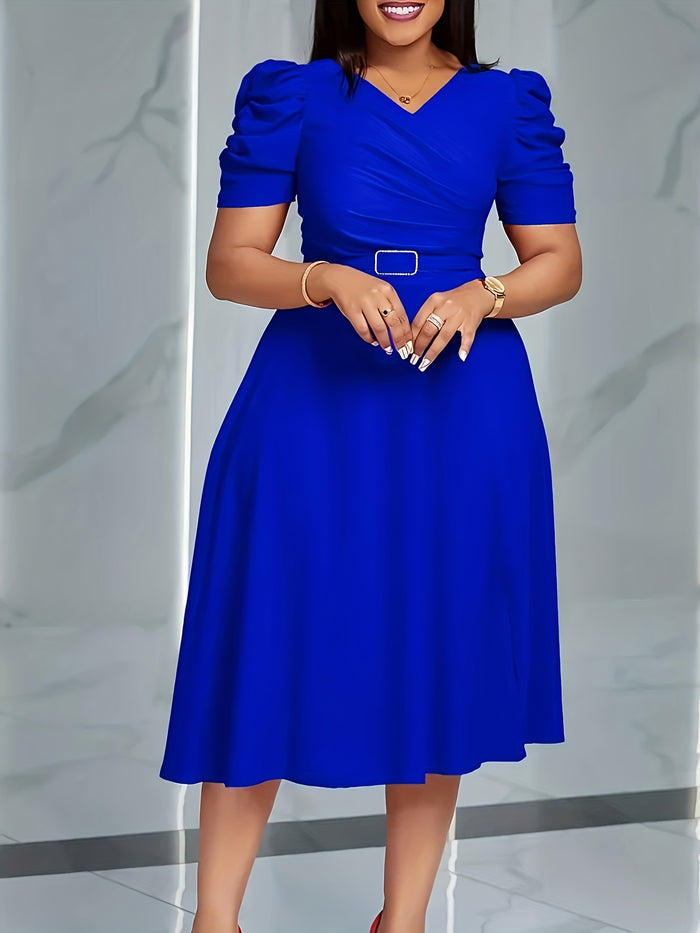 Elegant V-Neck Flowy Knit Dress, Puff Sleeves & Knee-Length