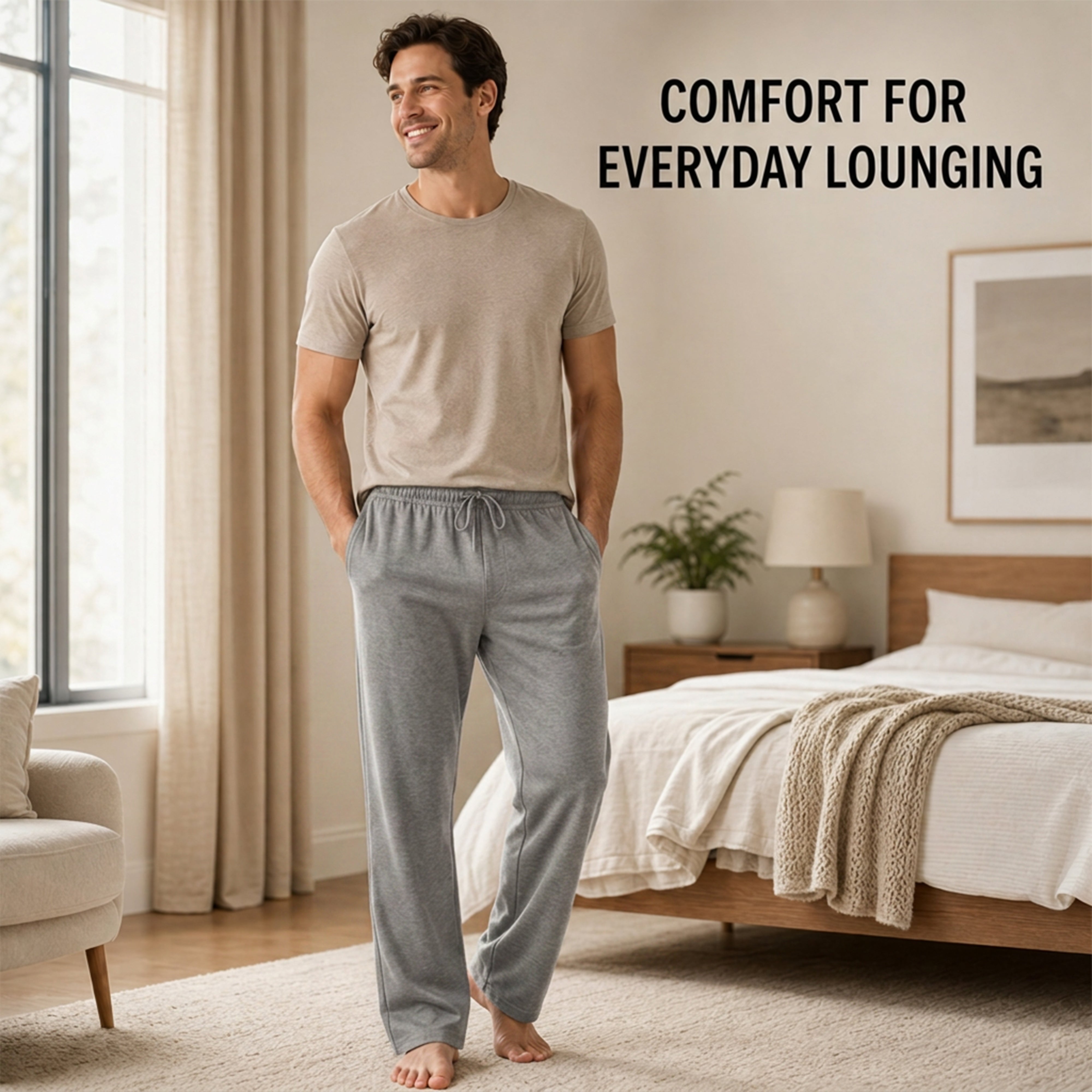 2 Pack Men's Cotton Lounge Bottoms Stretchable PJ Pants Durable Cosy