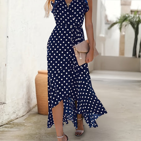 Elegant Polka Dot Ruffle Dress – V-Neck & Irregular Hem