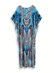 Bohemian Floral V-Neck Kaftan Dress – Loose Fit & Batwing Sleeves