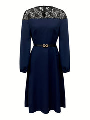 Elegant Lace-Trimmed Long Sleeve Dress with Belt
