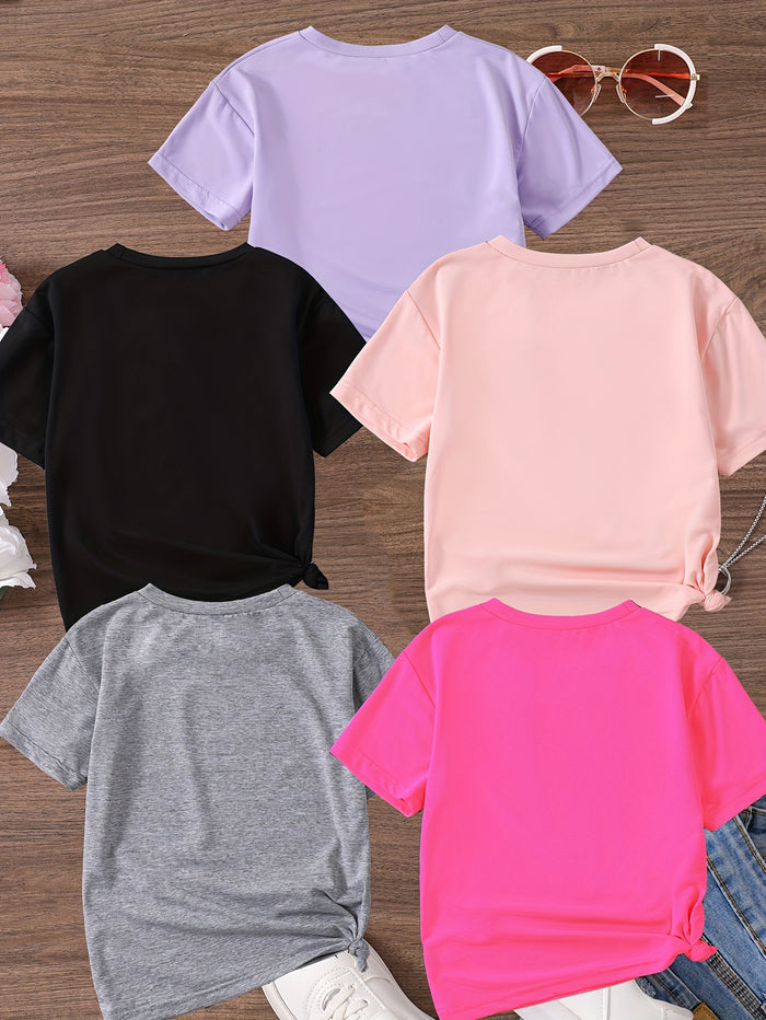 5-Pack Girls' Summer T-Shirts, Cute Bee & Letter Print Crew Neck Tees, image 2