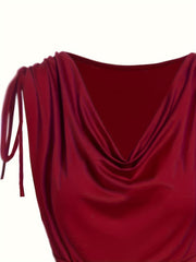 Elegant Red Midi Dress – Cowl Neck & Ruched Shoulders