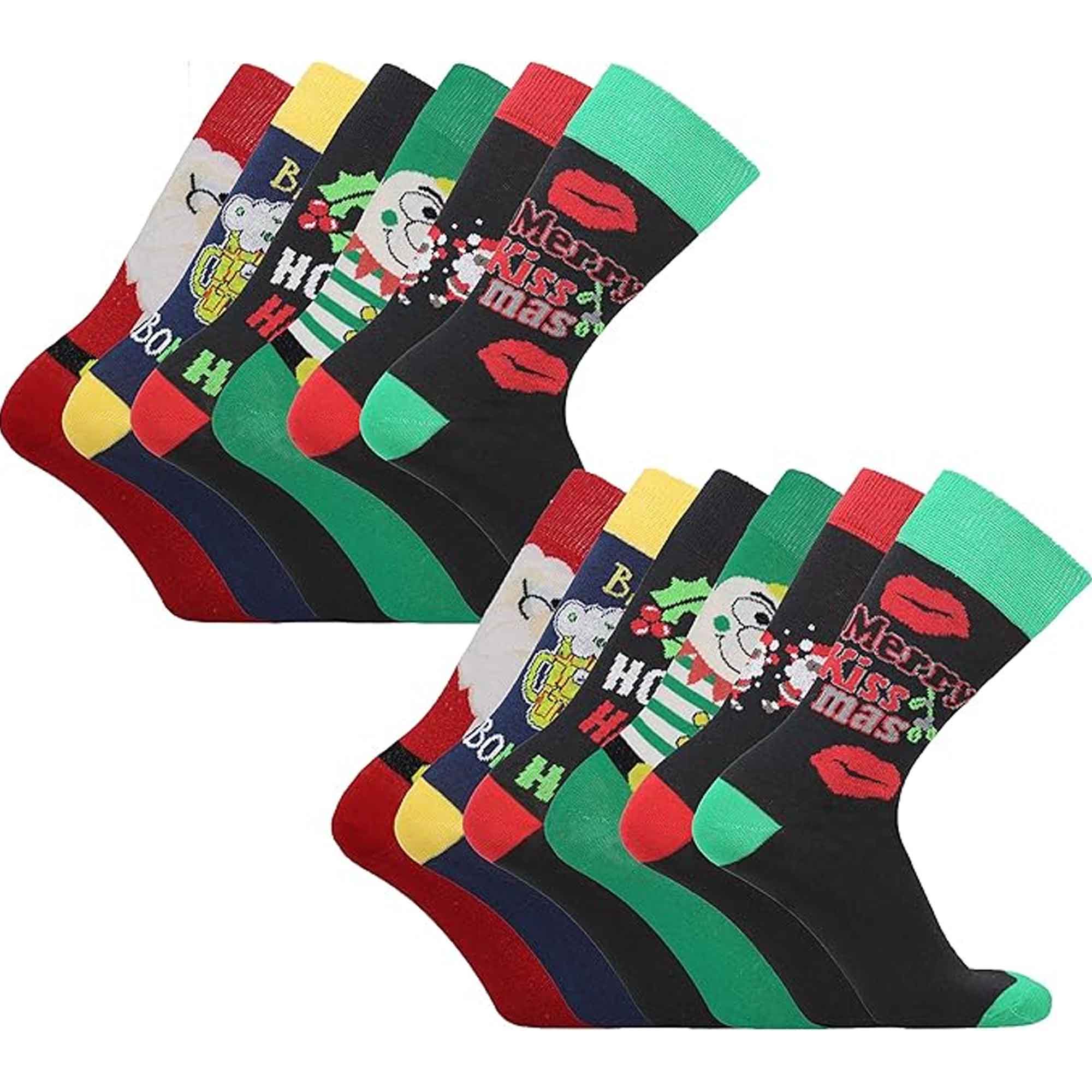 Men's Christmas Socks 12 Pairs Cotton Rich Festive Novelty Designs Santa Claus