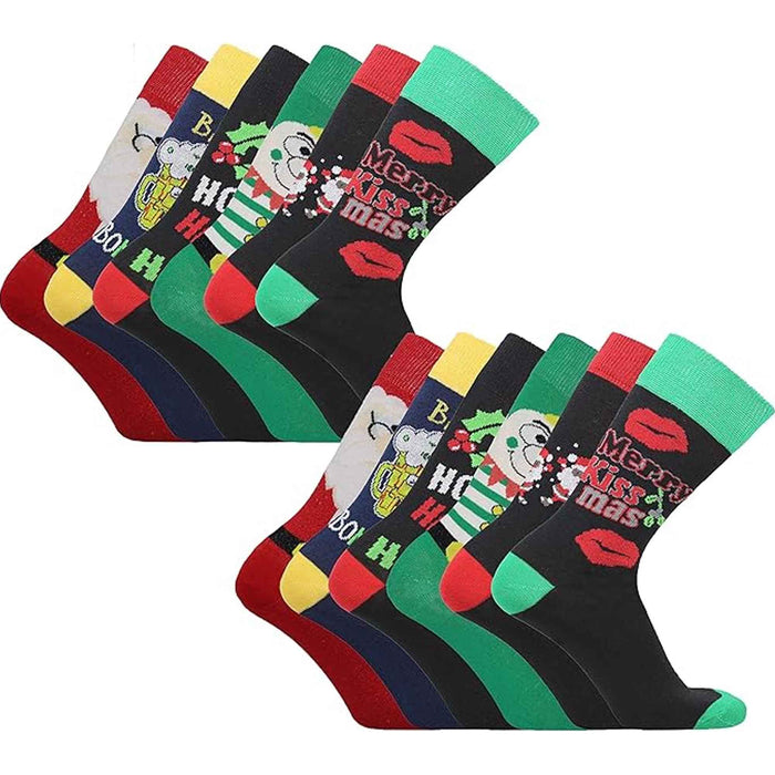 Men's Christmas Socks 12 Pairs Cotton Rich Festive Novelty Designs Santa Claus, ASSORTED