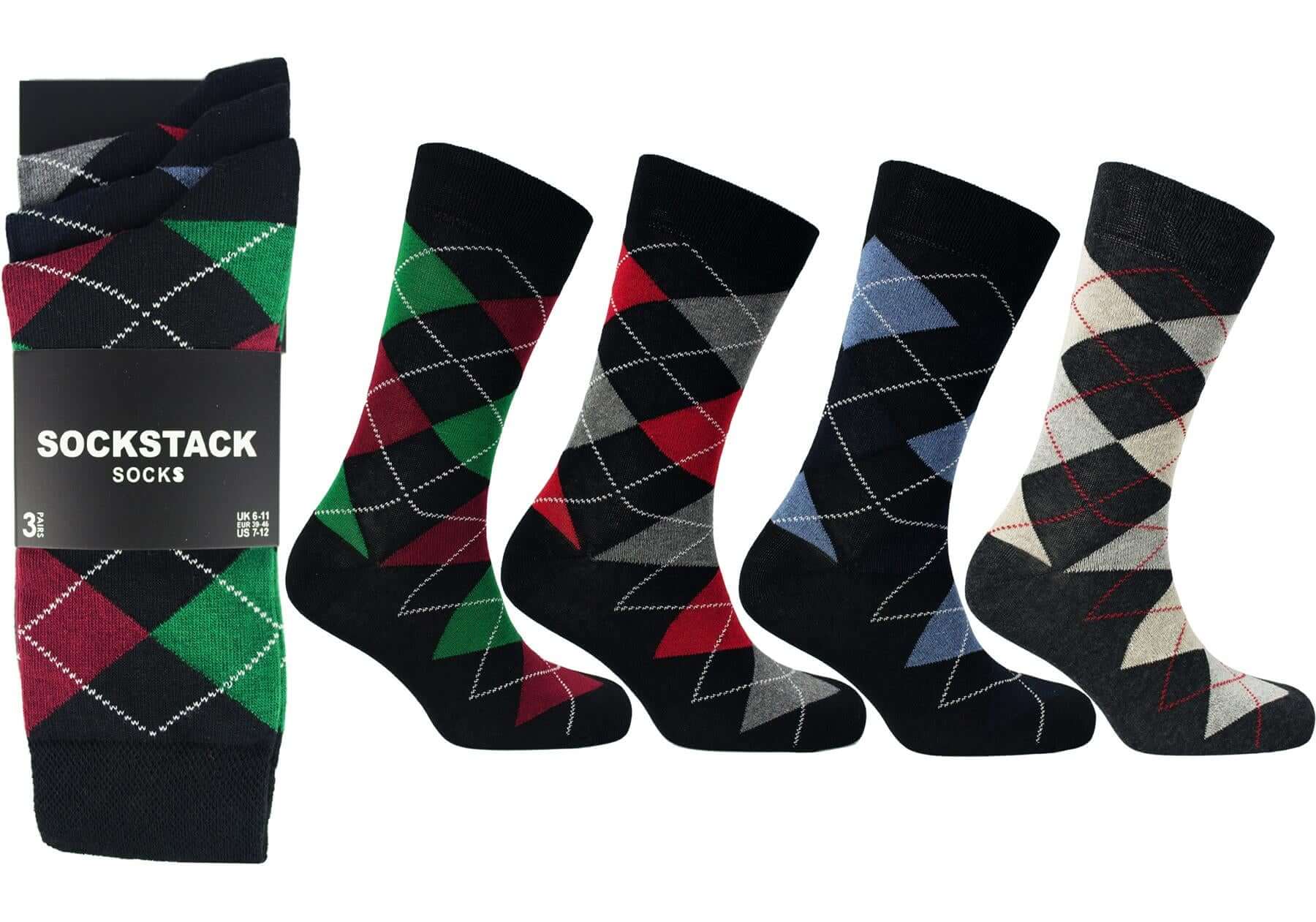 Men's Colourful Heel Toe Black Argyle Diamond Socks