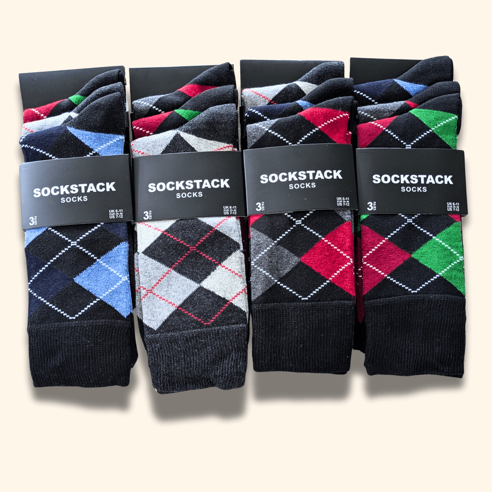 Men's Socks 12 Pairs Cotton Colorful Heel Toe Black Argyle Diamond Easycare