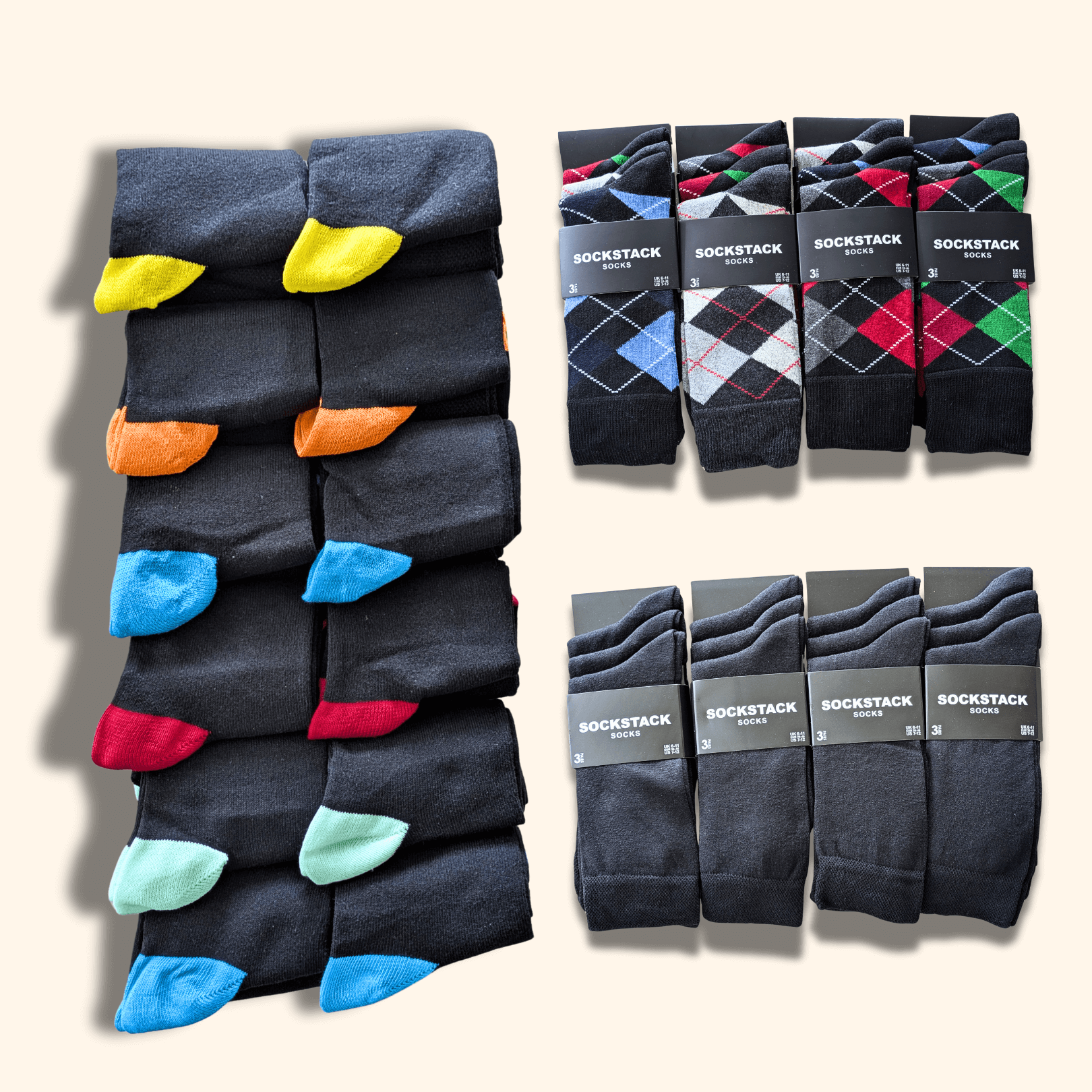 Men's Socks 12 Pairs Cotton Colorful Heel Toe Black Argyle Diamond Easycare