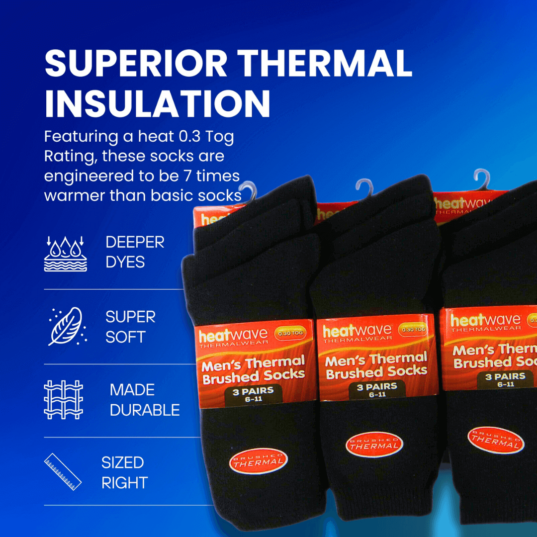 Men's Black Thermal Socks 12 Pairs Double Brushed Advanced Knitting Technology