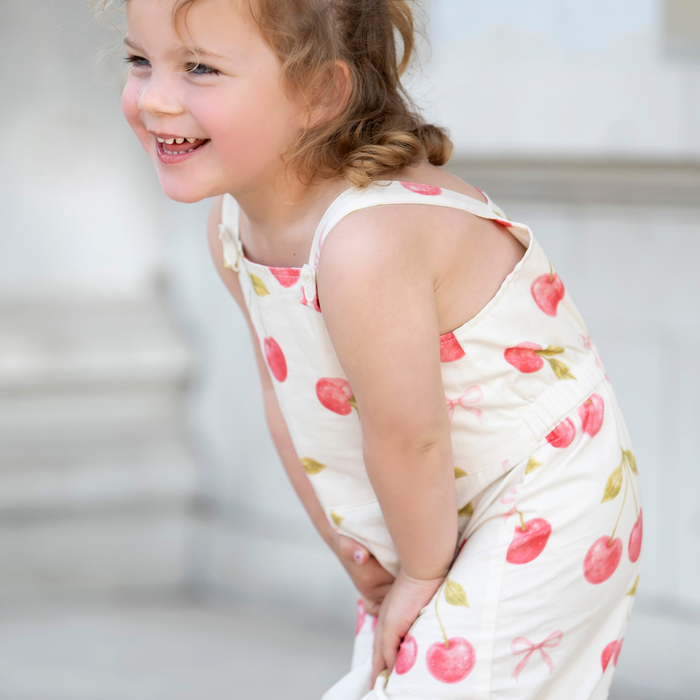 White Daisy Girls' Cherry Print Dungarees, Adjustable Straps