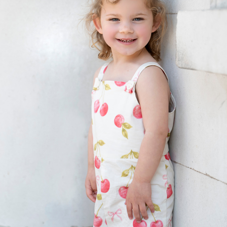White Daisy Girls' Cherry Print Dungarees, Adjustable Straps, image 2
