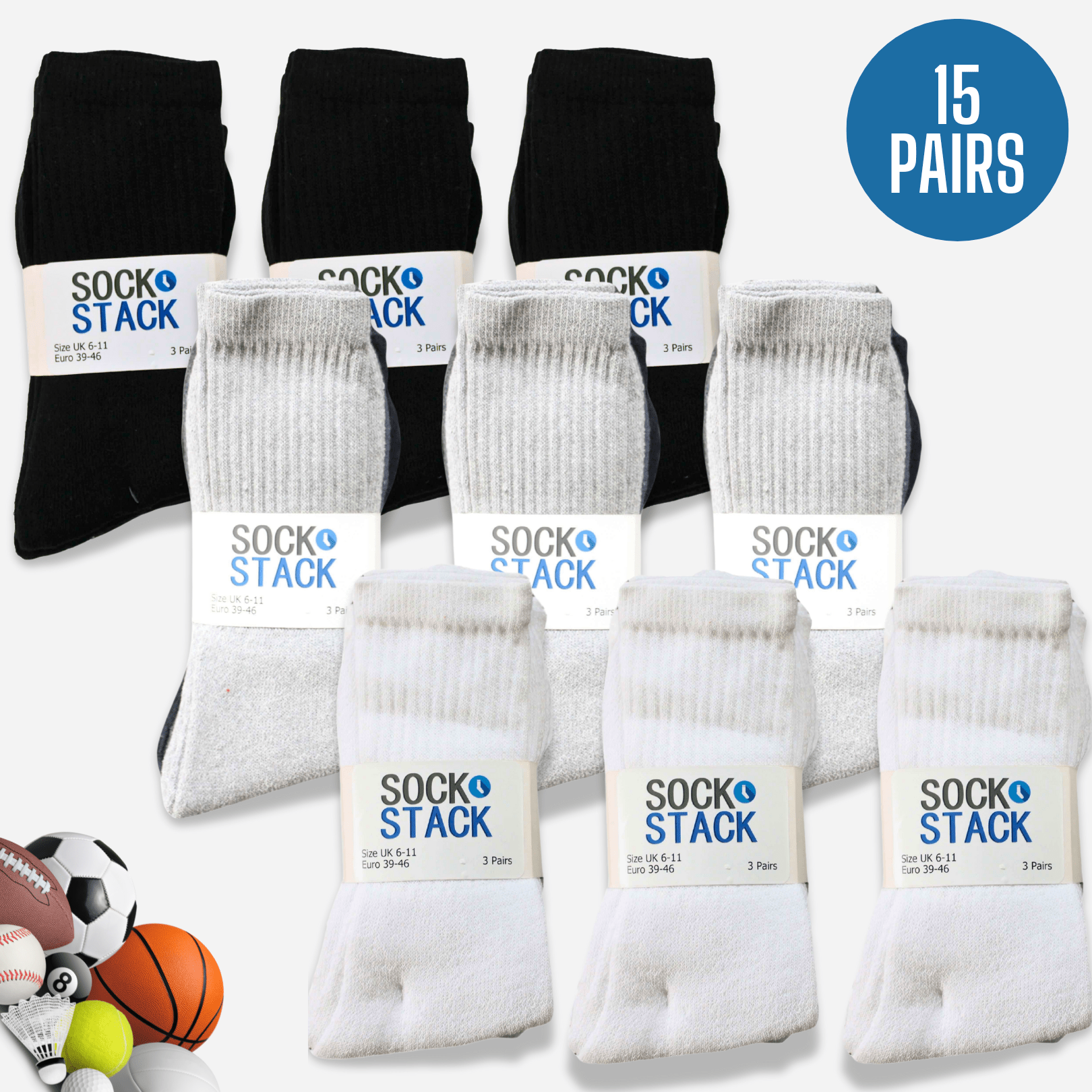 Men's Cotton Rich Performance Sport Socks 15 Pairs UK 6-11 Black Grey White