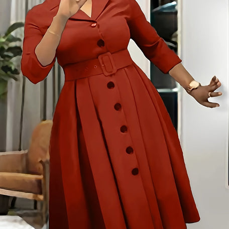 Elegant Belted A-Line Midi Dress – Lapel Collar & Three-Quarter Sleeves