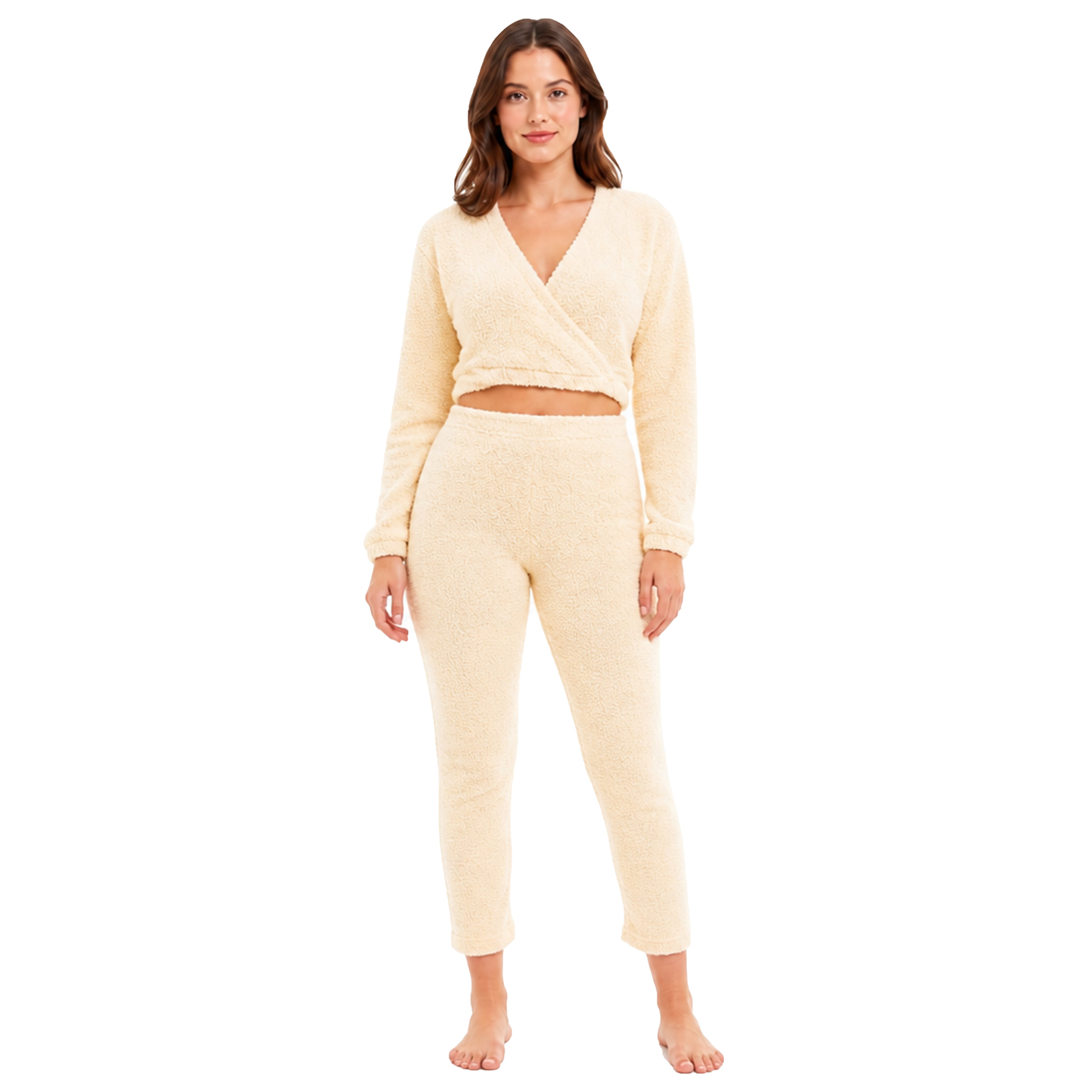 Women's Teddy Fleece Loungewear Set With Long Sleeve Wrap Top And Stretch