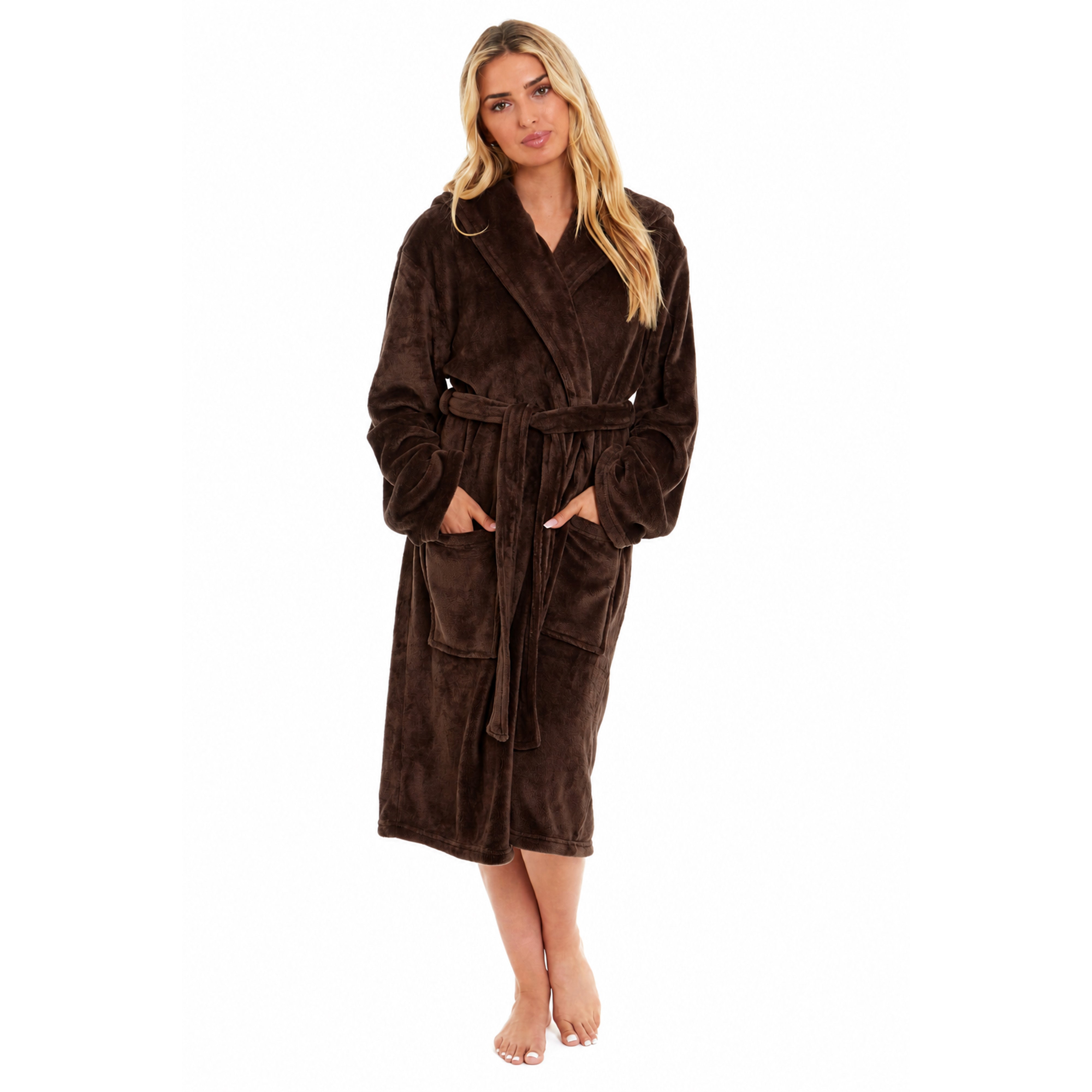 Women's Plush Fleece Hooded Bathrobe Velvet Fluffy Loungewear Long Sleeve
