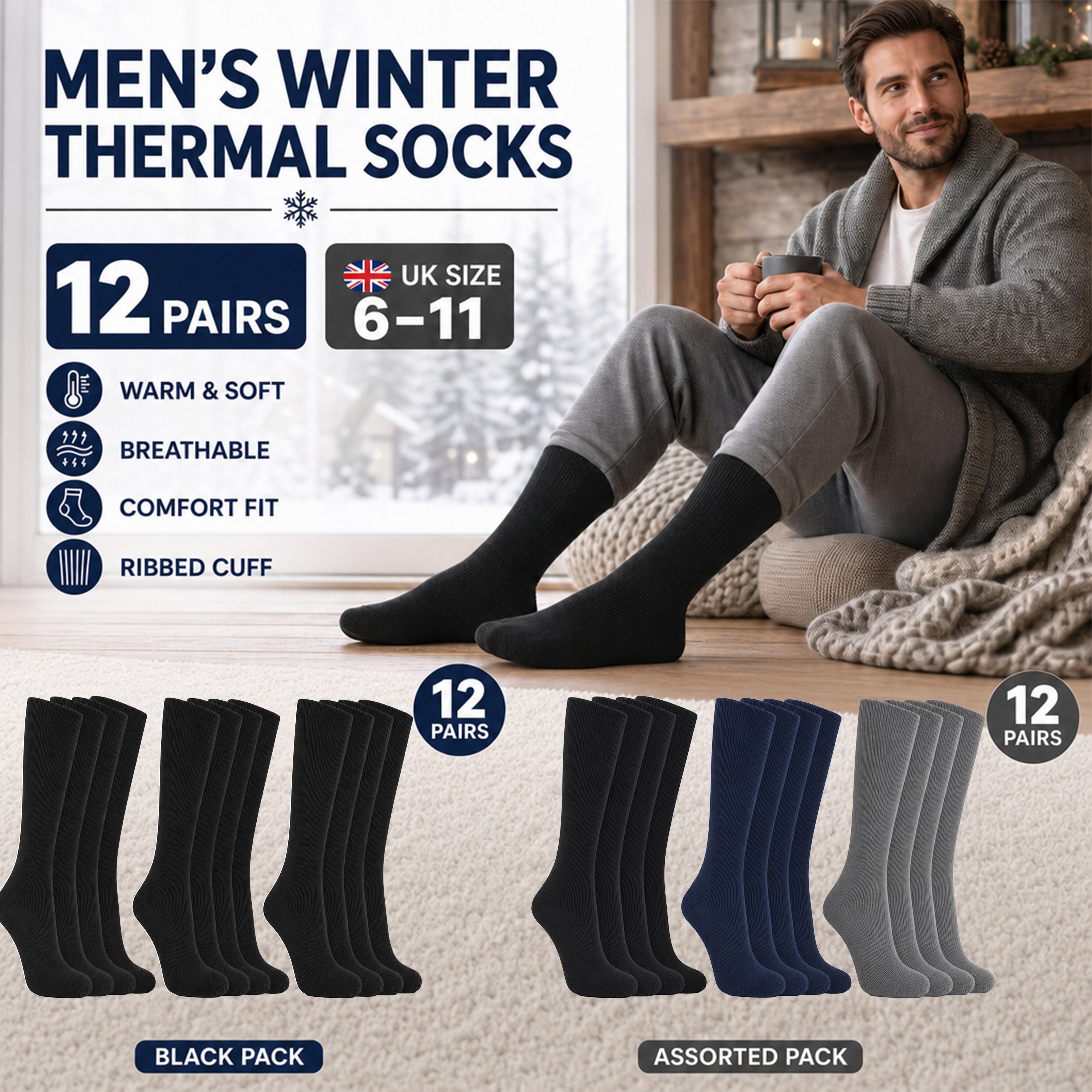 Men's 100% Cotton Moisture-Wicking Antibacterial Dress Work Socks 12 Pairs