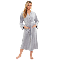 Women's Hooded Velour Bathrobe Ultra Soft Luxurious Pink And Grey