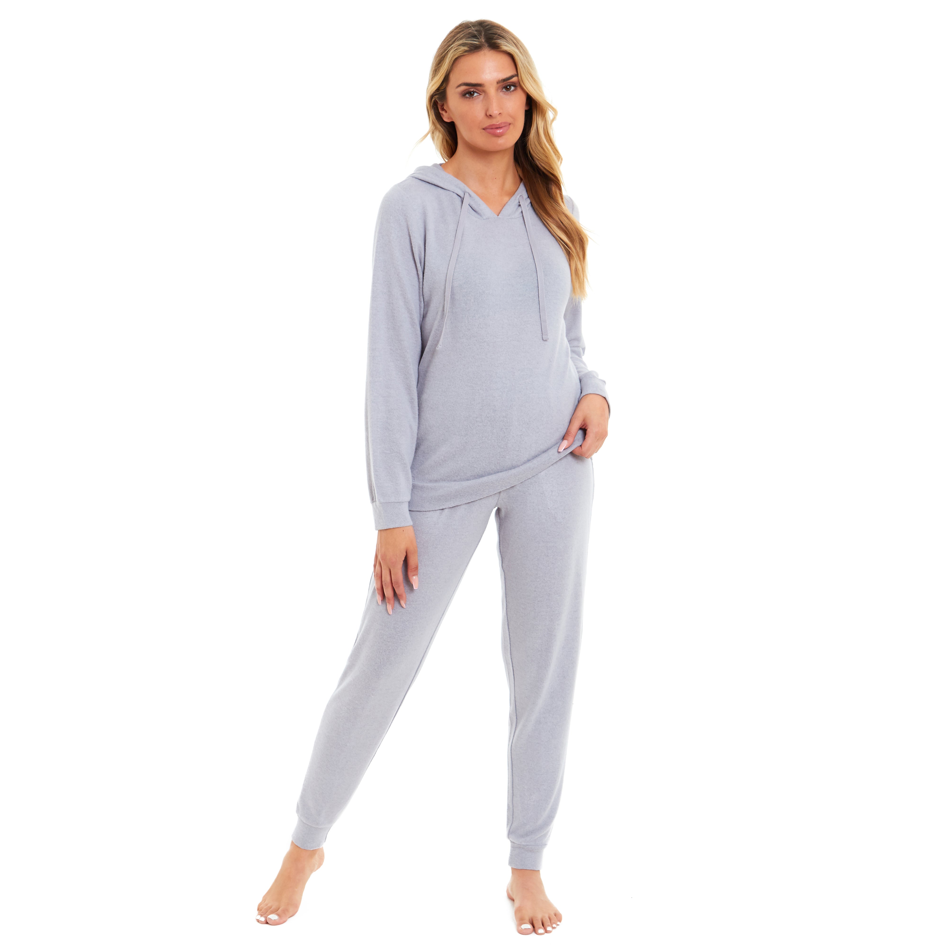 Hooded Pyjama Set Women's Pink Grey Long Sleeve Hoodie and Pants Luxurious