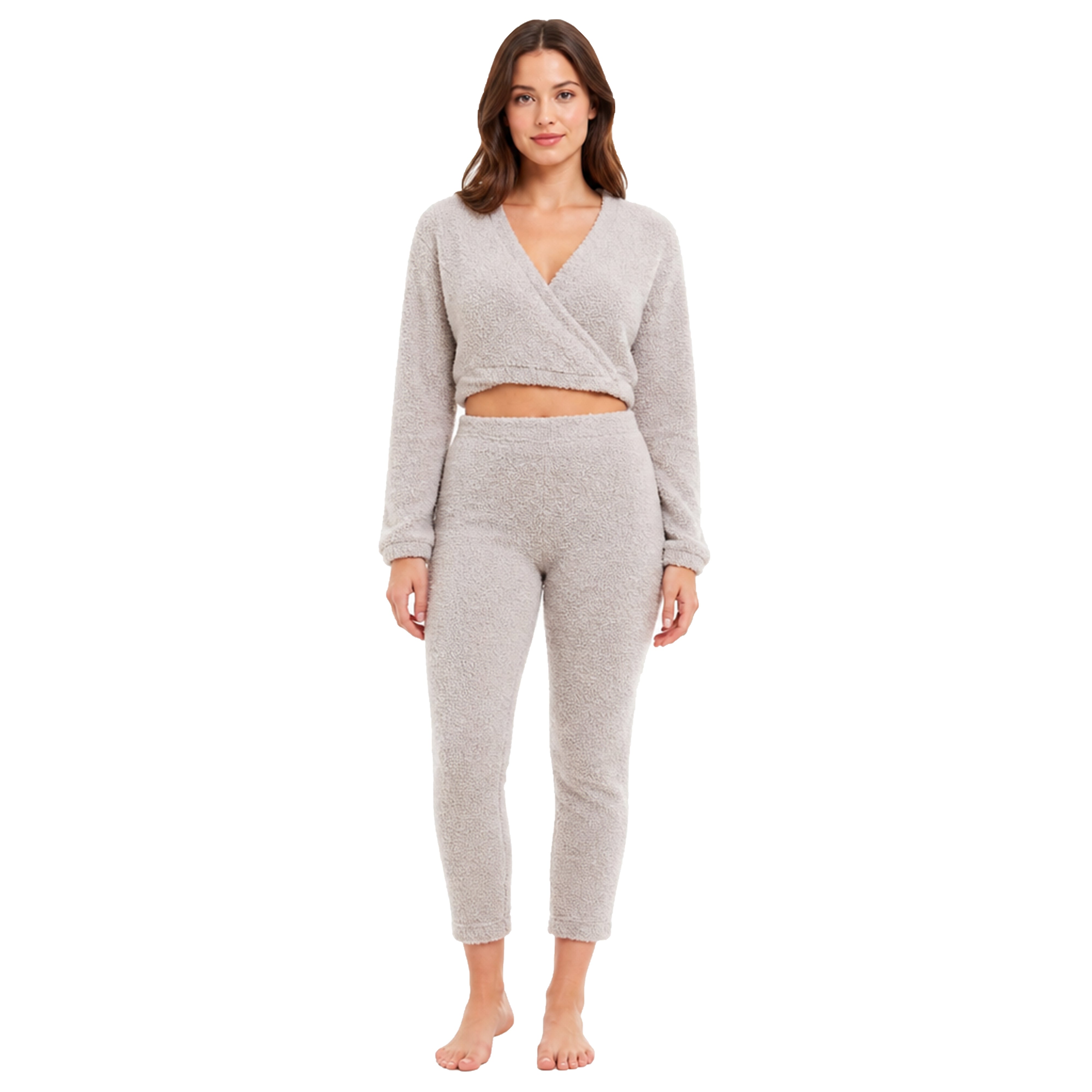 Women's Teddy Fleece Loungewear Set With Long Sleeve Wrap Top And Stretch
