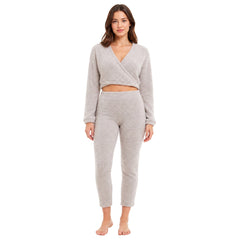 Women's Teddy Fleece Loungewear Set With Long Sleeve Wrap Top And Stretch