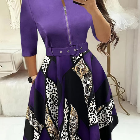 Elegant Leopard Print Zip Dress – Belted & 3/4 Sleeves