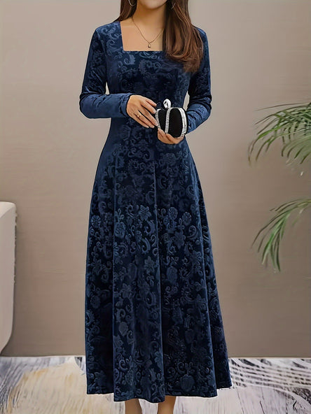 Elegant Floral Velvet A-Line Dress – Square Neck & Long Sleeves