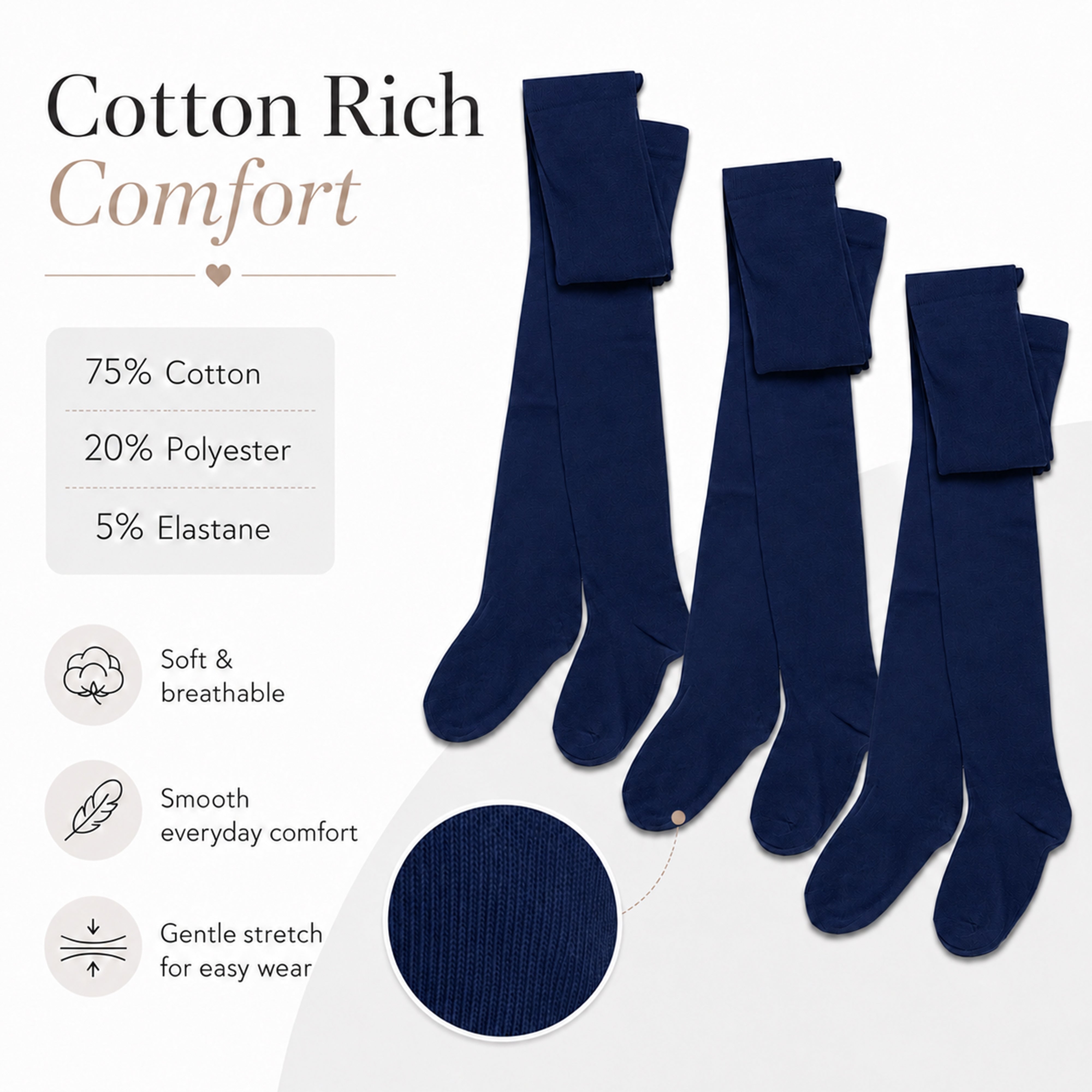 Girls' Cotton Lycra School Tights 3 Pack – Ages 3–12