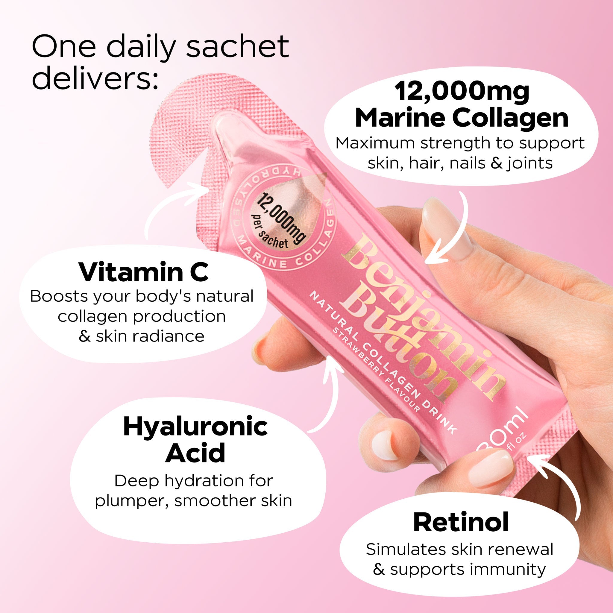 Benjamin Button 12,000mg Marine Collagen Drink – Strawberry – 14 Liquid Sachets