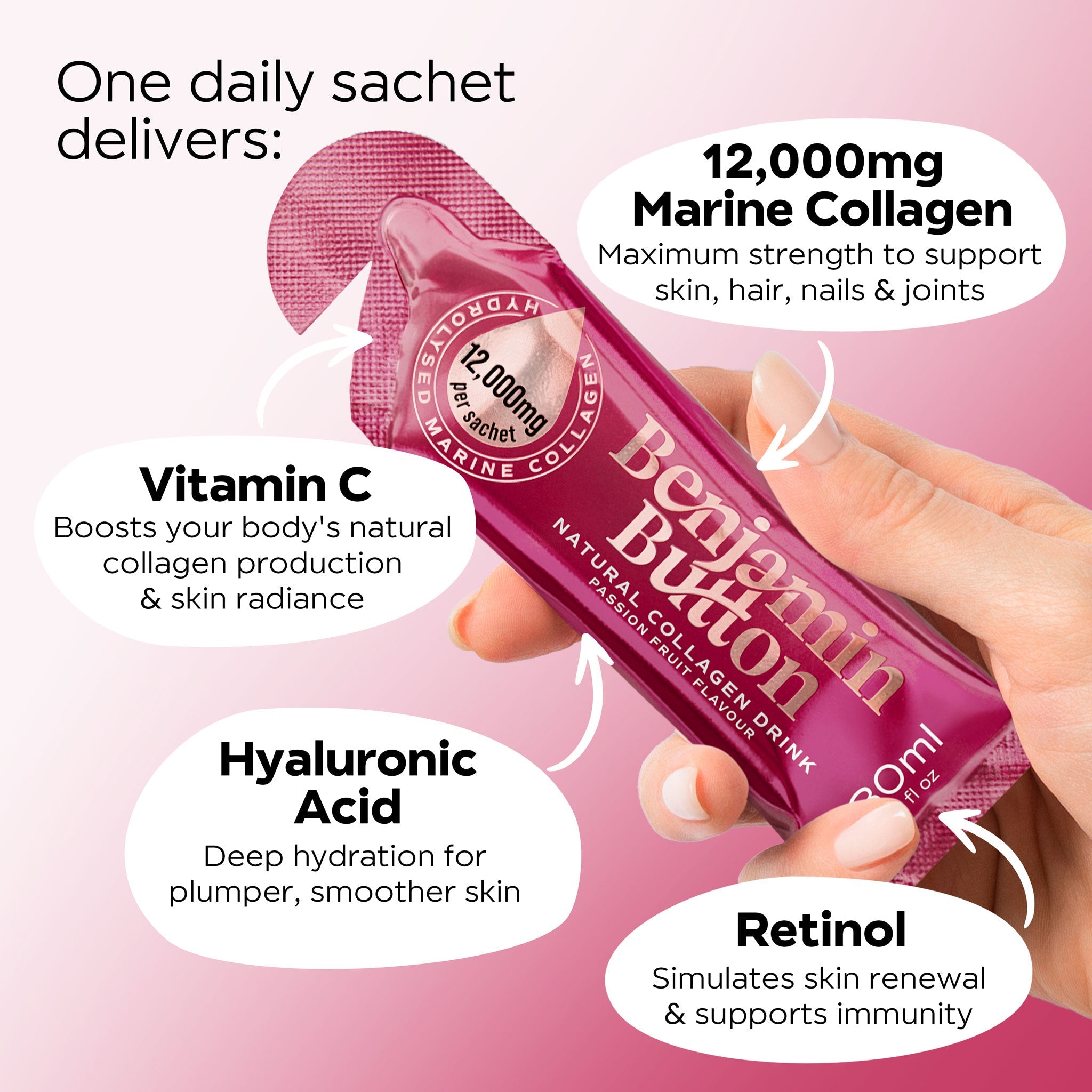Benjamin Button 12,000mg Marine Collagen Drink – Passionfruit – 14 Liquid Sachets