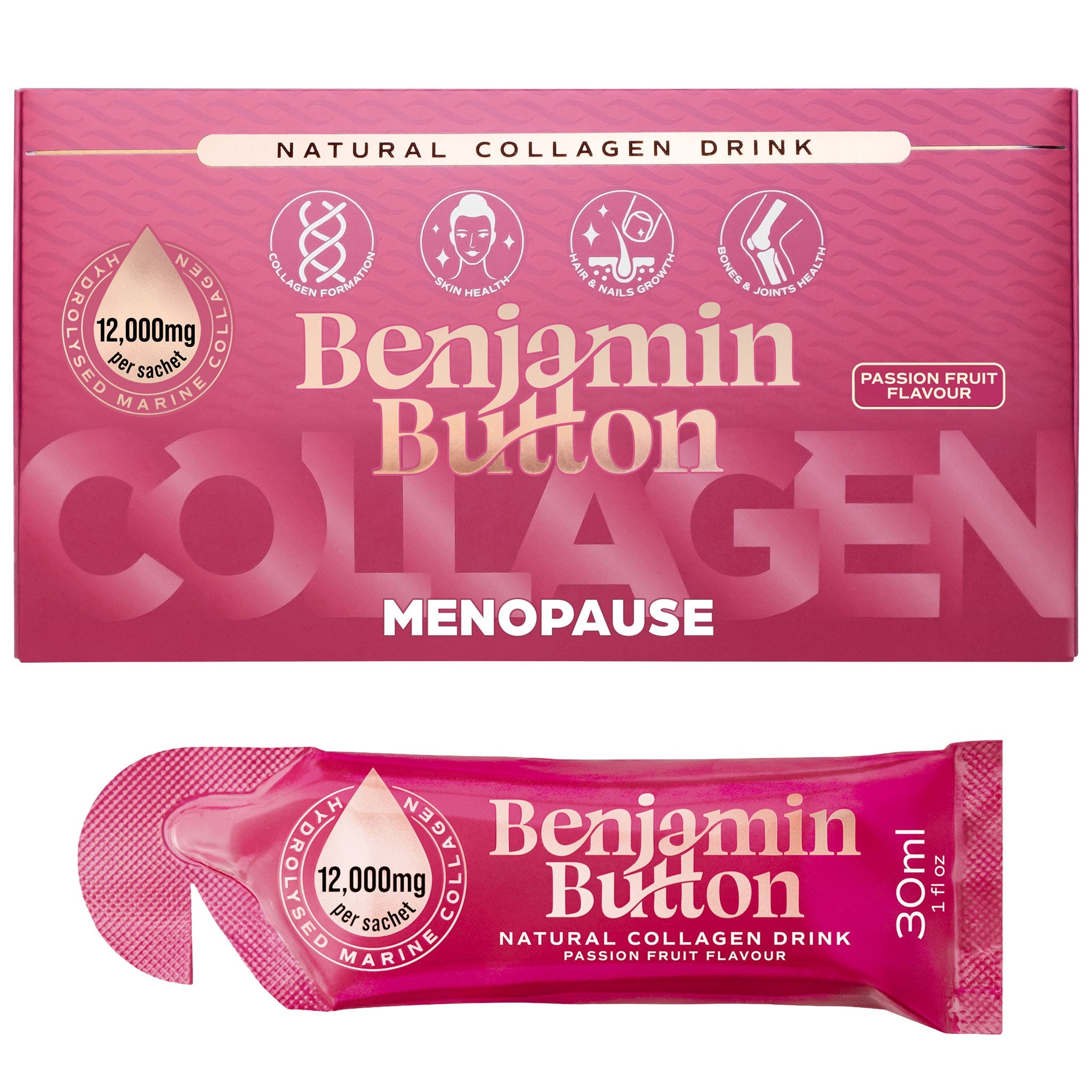 Benjamin Button 12,000mg Marine Collagen Drink – Passionfruit – 14 Liquid Sachets