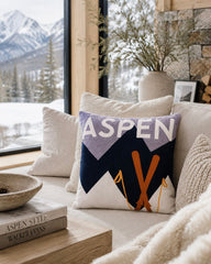 Aspen Ski Needlepoint Cushion – Alpine Design, 45cm, Navy Velvet Back