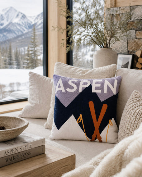 Aspen Ski Needlepoint Cushion – Alpine Design, 45cm, Navy Velvet Back