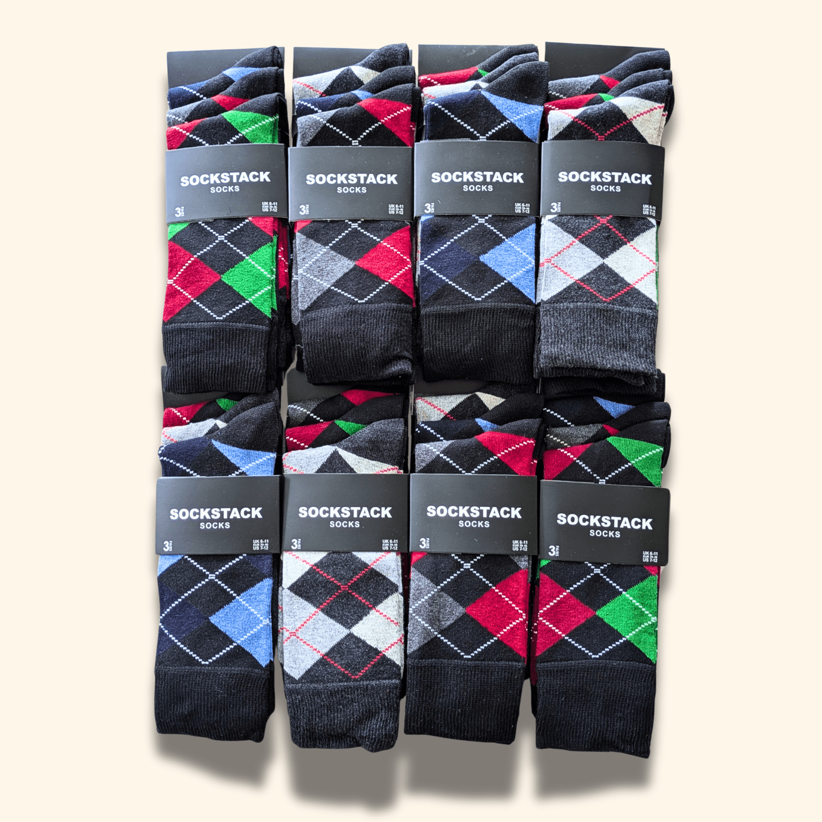24 Pairs Men's Cotton Colourful Heel Toe Black Argyle Diamond Easycare