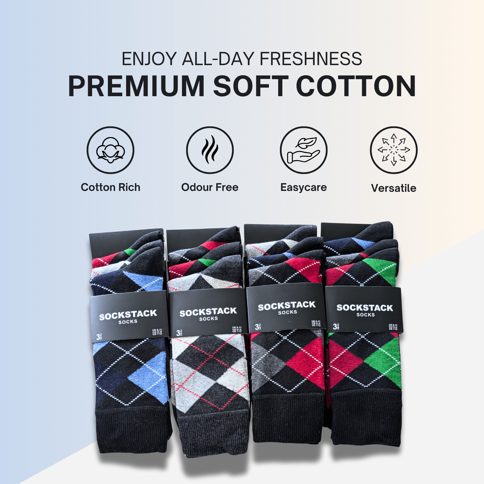 24 Pairs Men's Cotton Colourful Heel Toe Black Argyle Diamond Easycare
