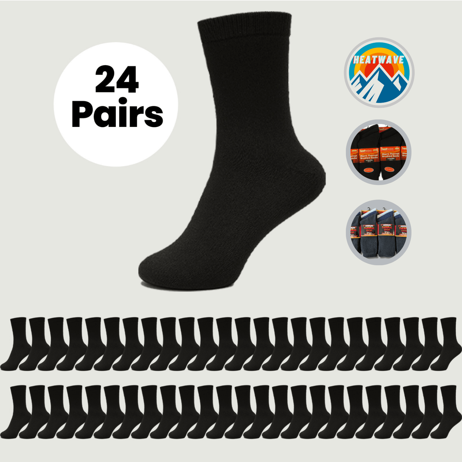 Men's Black Thermal Socks 24 Pairs Double Brushed Knit