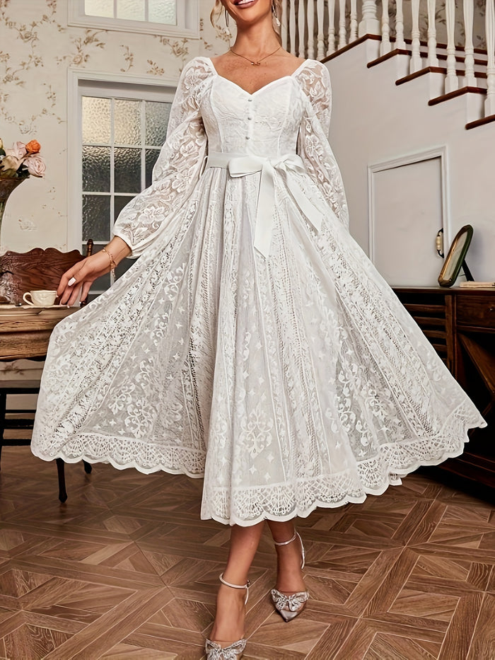Elegant Guipure Lace Belted Dress, Sweetheart Neck & Long Sleeves