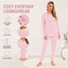Hooded Pyjama Set Women's Pink Grey Long Sleeve Hoodie and Pants Luxurious