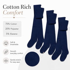 Girls' Cotton Lycra School Tights 3 Pack – Ages 3–12