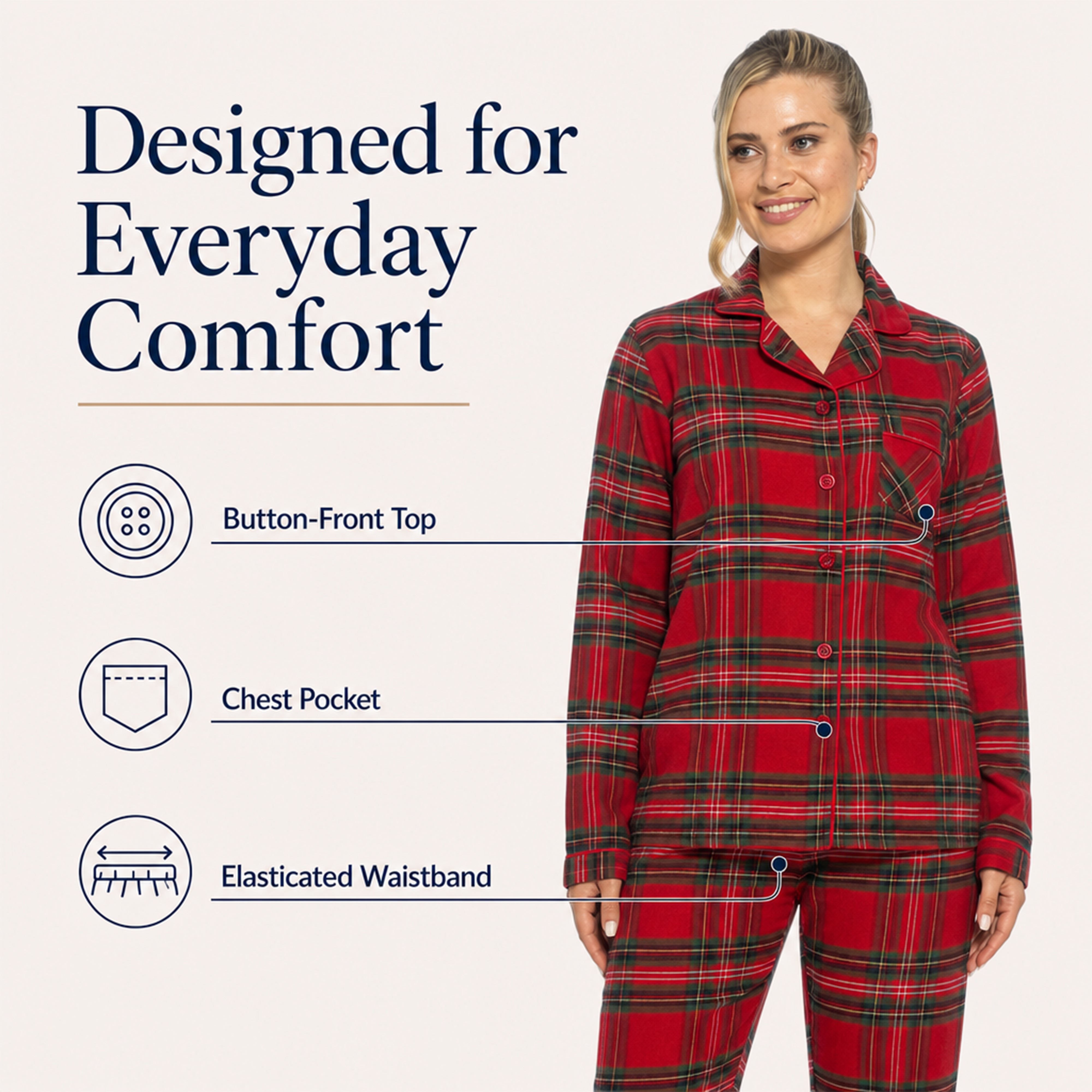 Women's Flannelette Check Pyjama Set Soft Brushed Cotton Easy Care