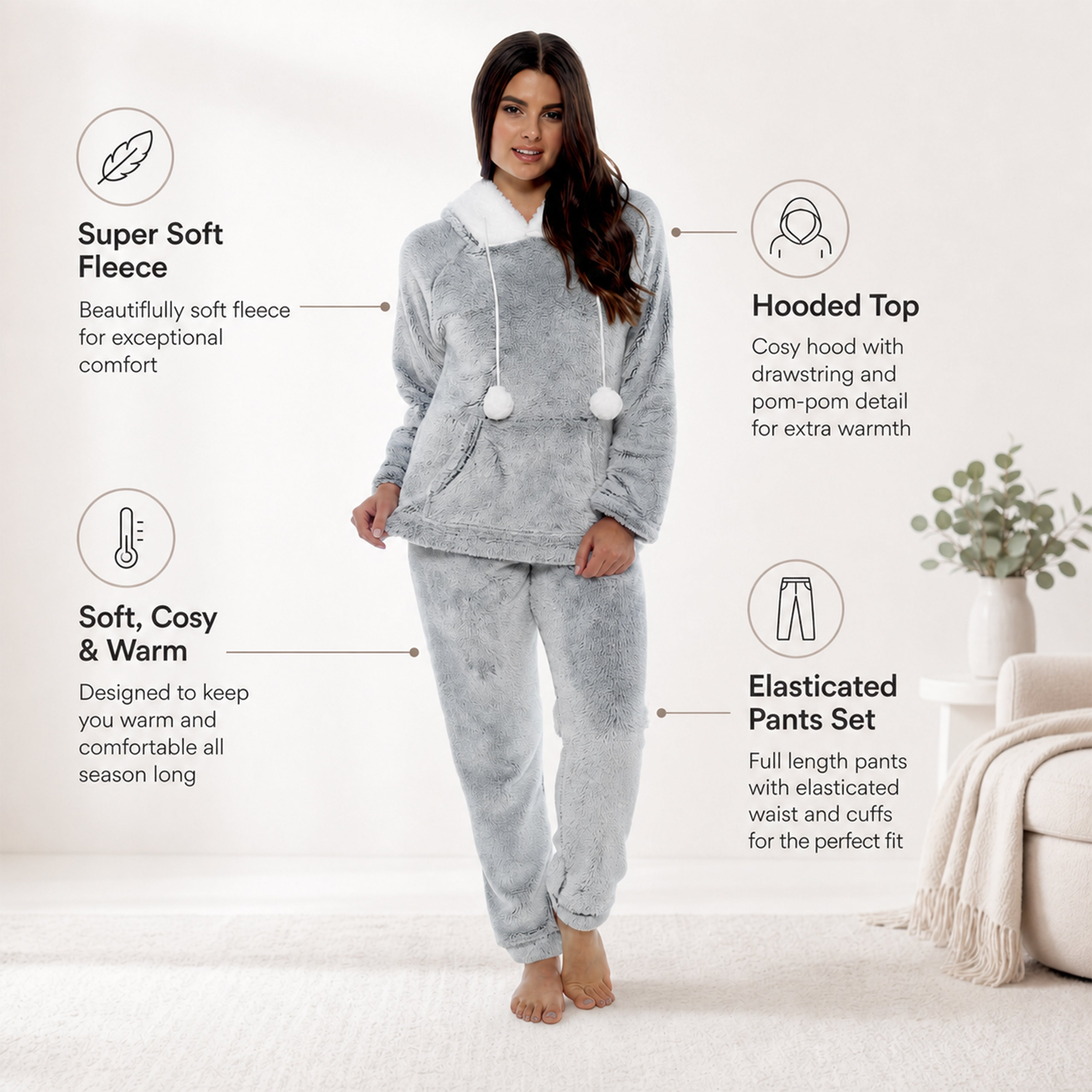 Women's Plush Fleece Hooded Pyjama Set in Shimmer Grey Cosy Winter