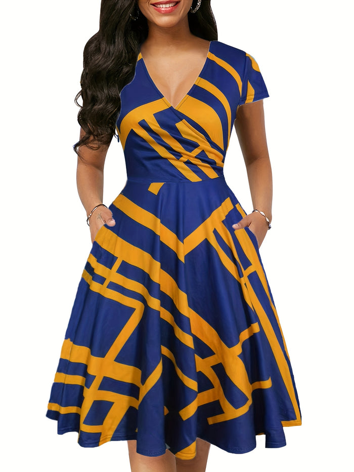 Vintage Chic A-Line Dress, Surplice Neck & Dual Pockets, image 2