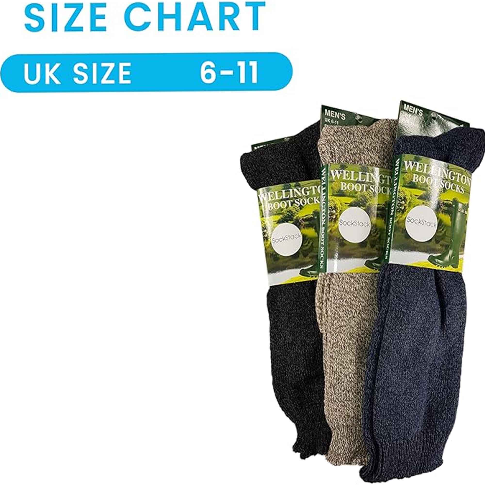 3 Pack Men's Wellington Boot Socks Durable Cushioned Heel And Toe UK Size 6-11