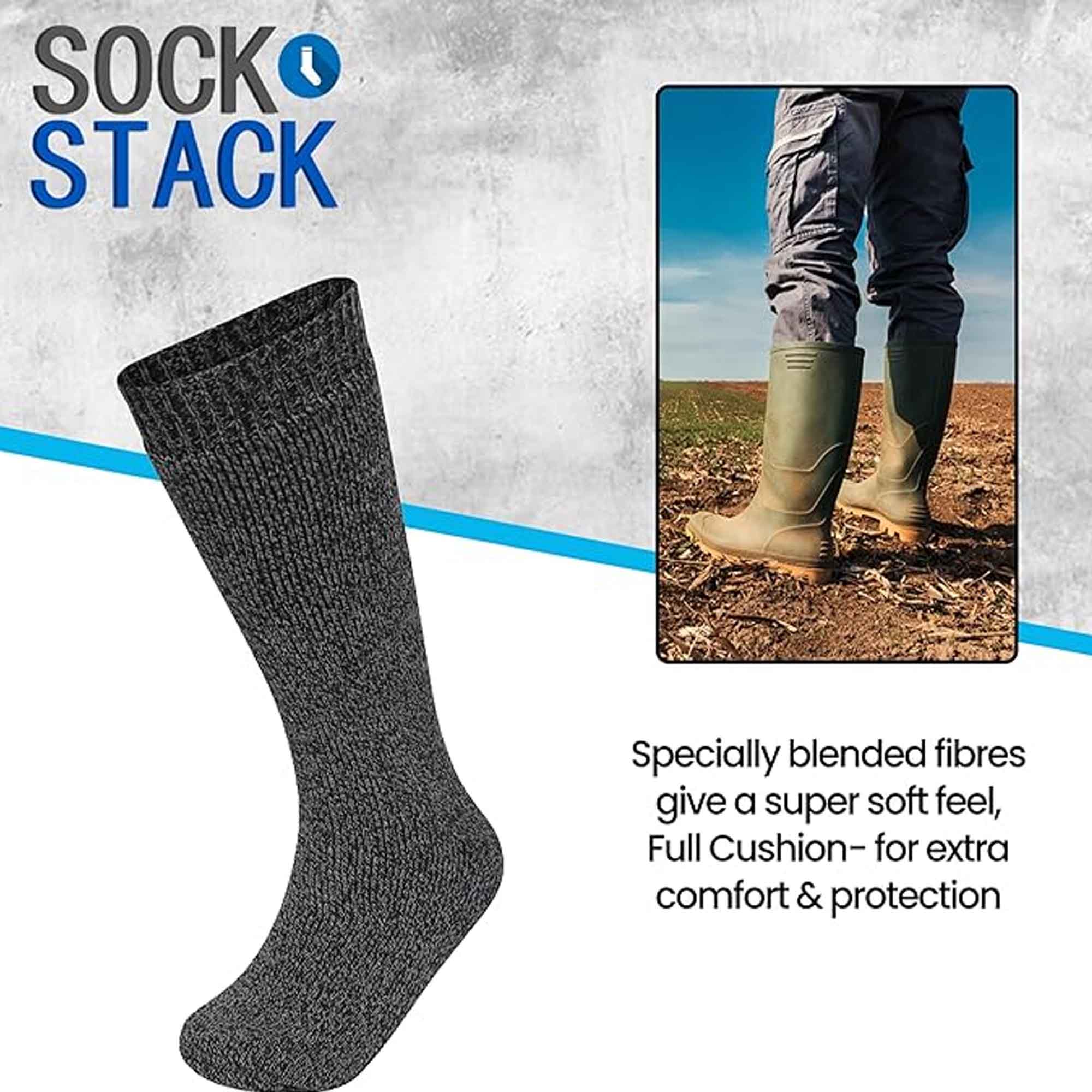 3 Pack Men's Wellington Boot Socks Durable Cushioned Heel And Toe UK Size 6-11