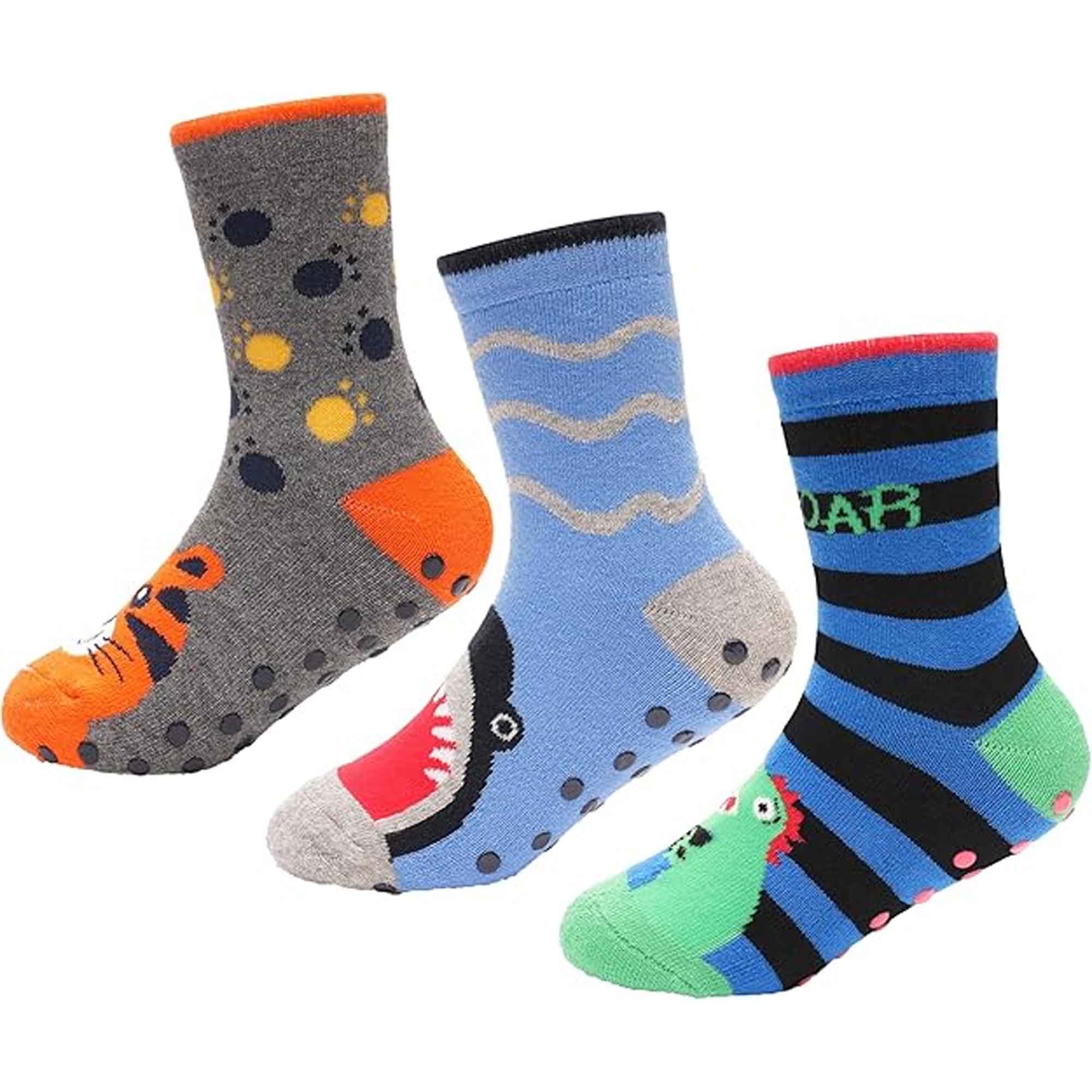 Boys' Slipper Socks Three Pack 3 Pairs Non Slip Thermal Indoor Socks Dino Shark