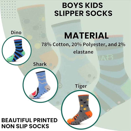 Boys' Slipper Socks Three Pack 3 Pairs Non Slip Thermal Indoor Socks Dino Shark