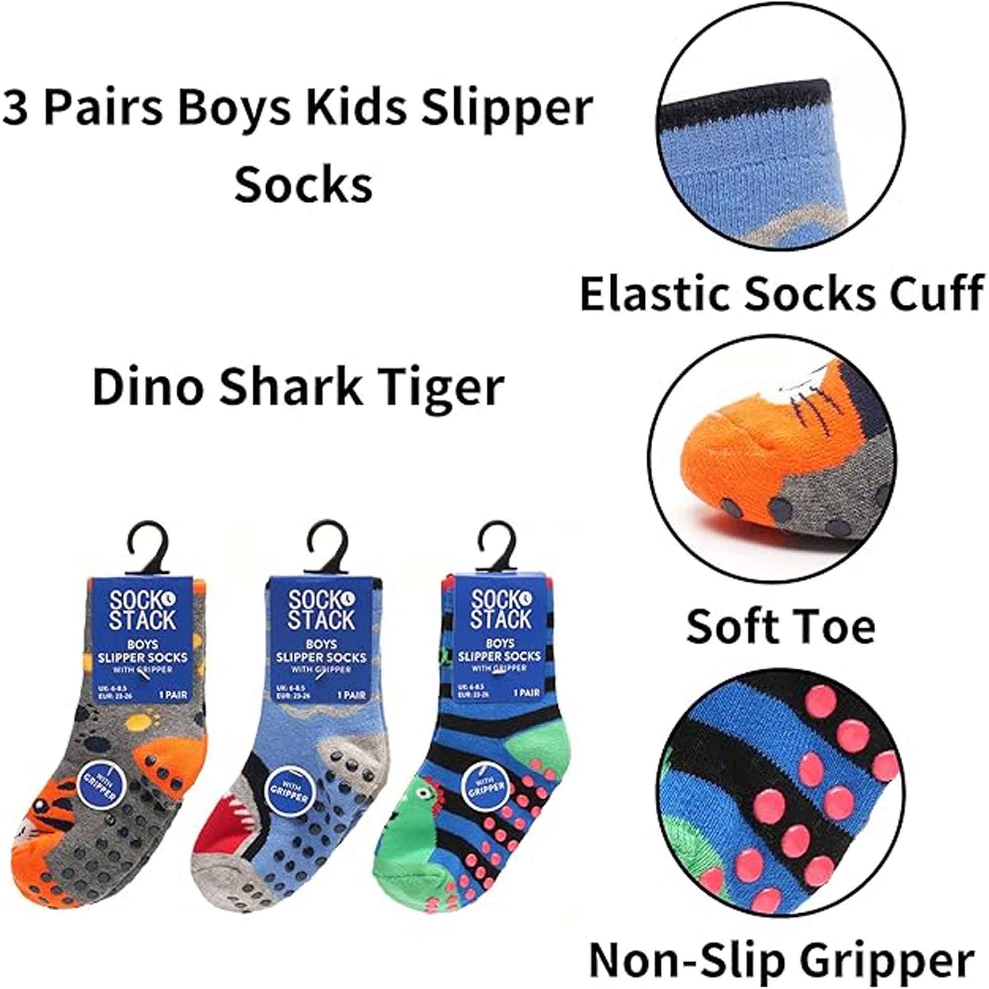 Boys' Slipper Socks Three Pack 3 Pairs Non Slip Thermal Indoor Socks Dino Shark