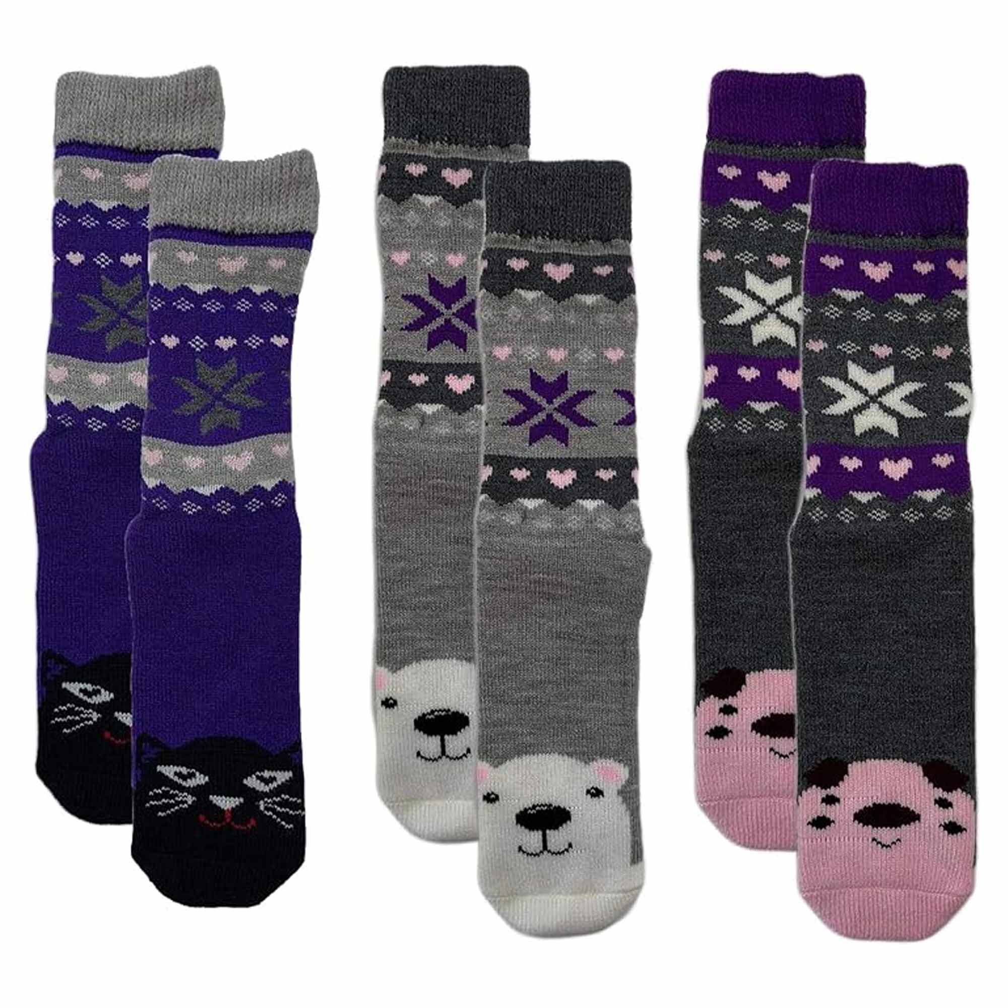Women's Thermal Slipper Socks 3 Pairs Animal Designs Polar Bears And Kittens