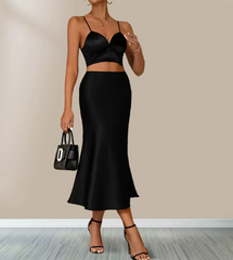 Women's Satin Midi Skirt – High Waist A-Line Silky Pencil Skirt