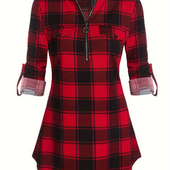 Casual Plaid Drawstring Dress – Long Sleeve & Fit-and-Flare